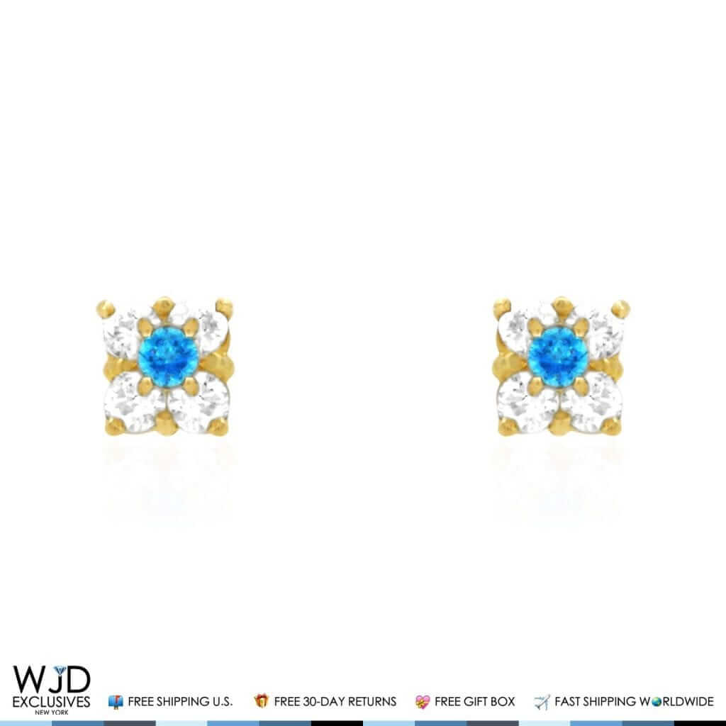 14k Gold CZ & Blue Topaz Square Screwback Earrings 0.30Ct