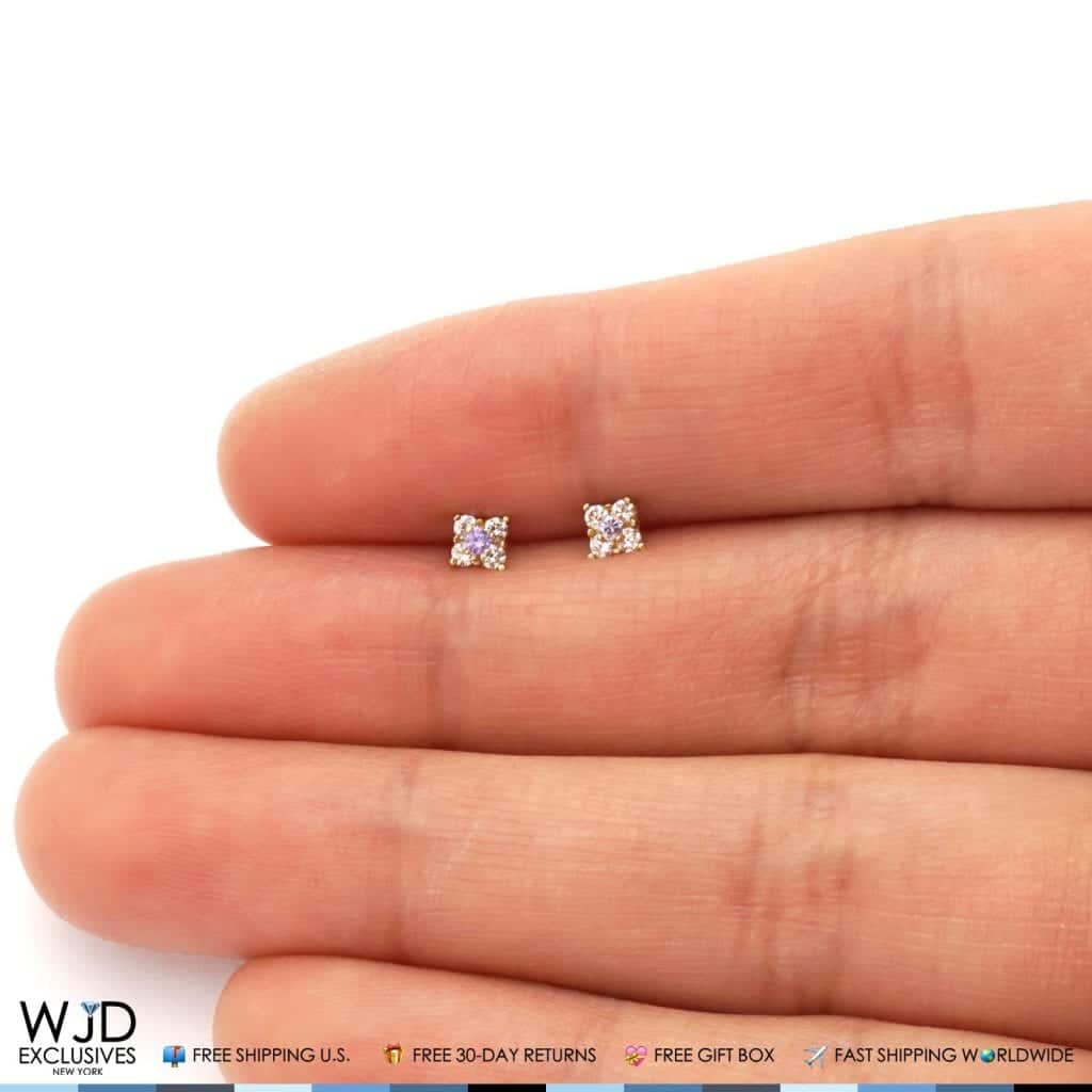 0.30Ct CZ & Amethyst 14k Gold Square Screwback Stud Earrings