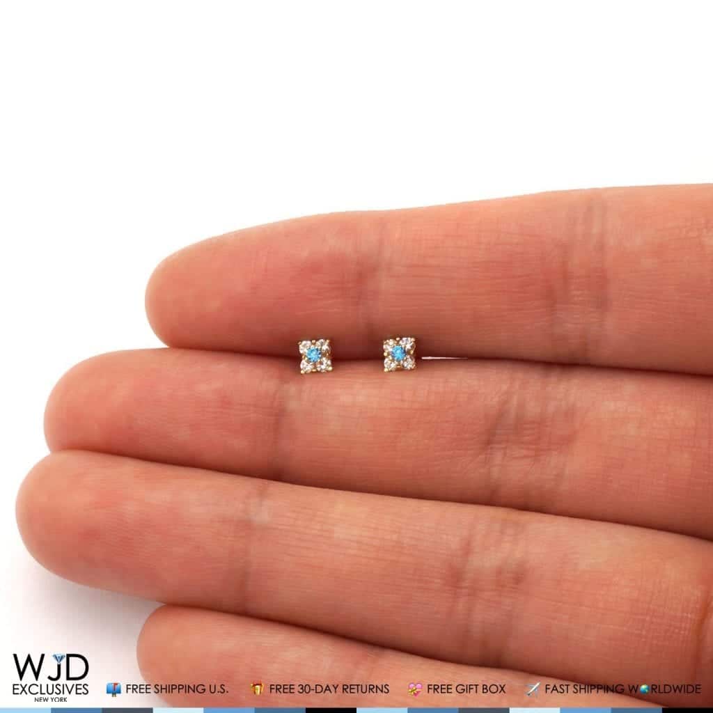 14k Gold CZ & Blue Topaz Square Screwback Earrings 0.30Ct
