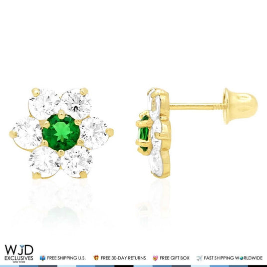 14k Yellow Gold 2Ct CZ & Birthstones Flower Stud Earrings 10mm