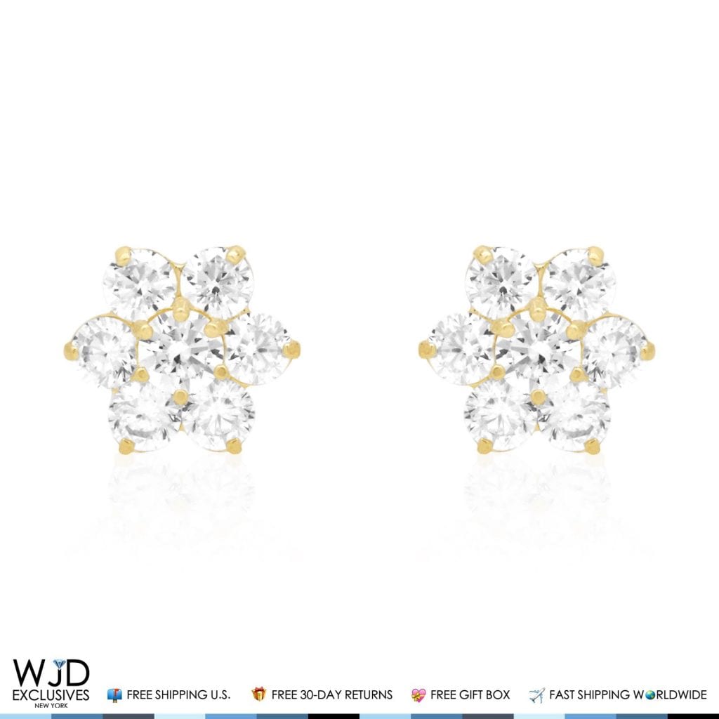 14k Yellow Gold 2Ct CZ & Birthstones Flower Stud Earrings 10mm