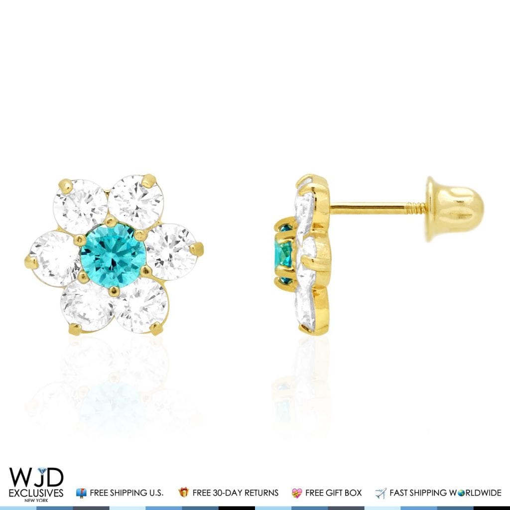 14k Yellow Gold 2Ct CZ & Birthstones Flower Stud Earrings 10mm