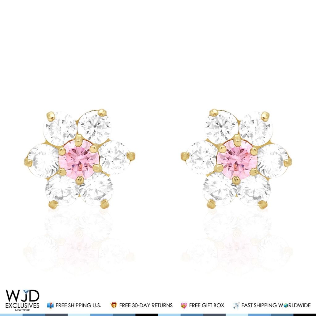 14k Yellow Gold 2Ct CZ & Birthstones Flower Stud Earrings 10mm