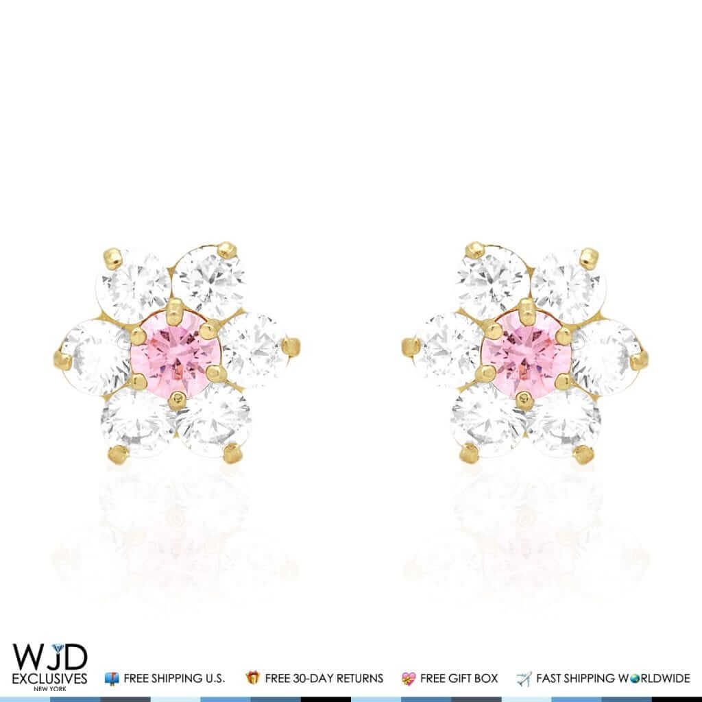14k Yellow Gold 2Ct CZ & Birthstones Flower Stud Earrings 10mm