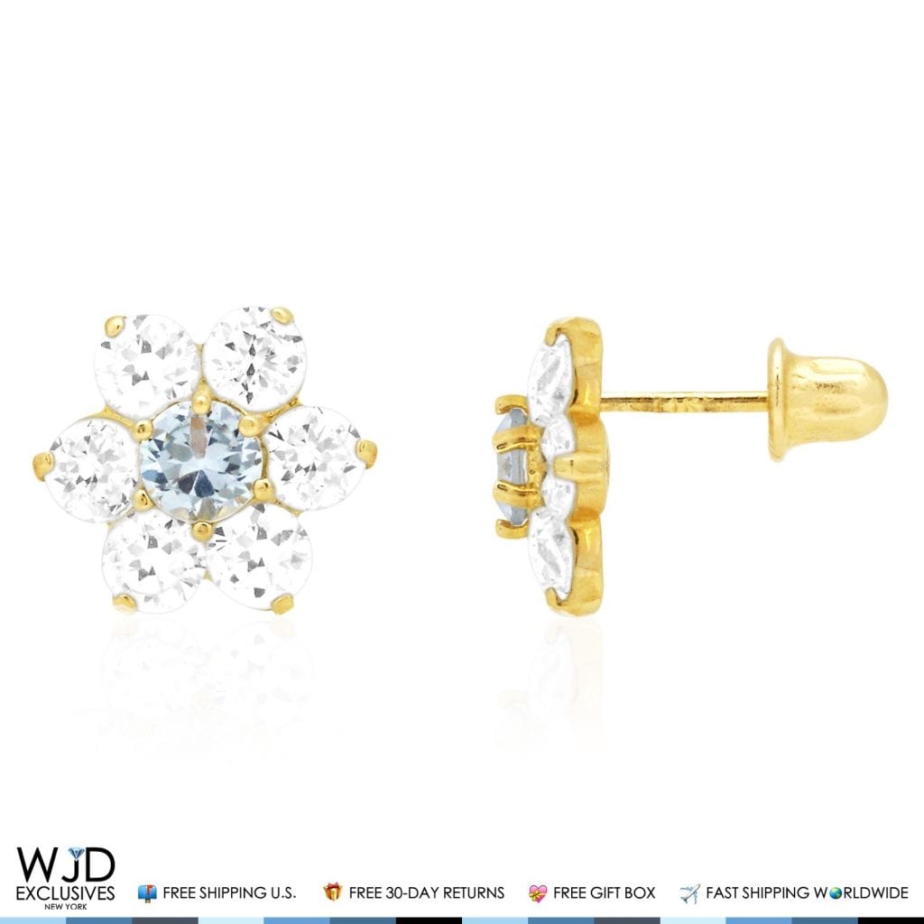 14k Yellow Gold 2Ct CZ & Birthstones Flower Stud Earrings 10mm