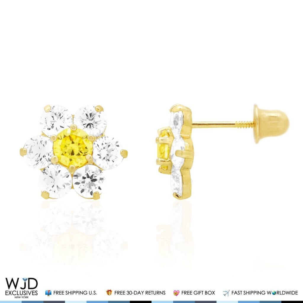 14k Yellow Gold 2Ct CZ & Birthstones Flower Stud Earrings 10mm