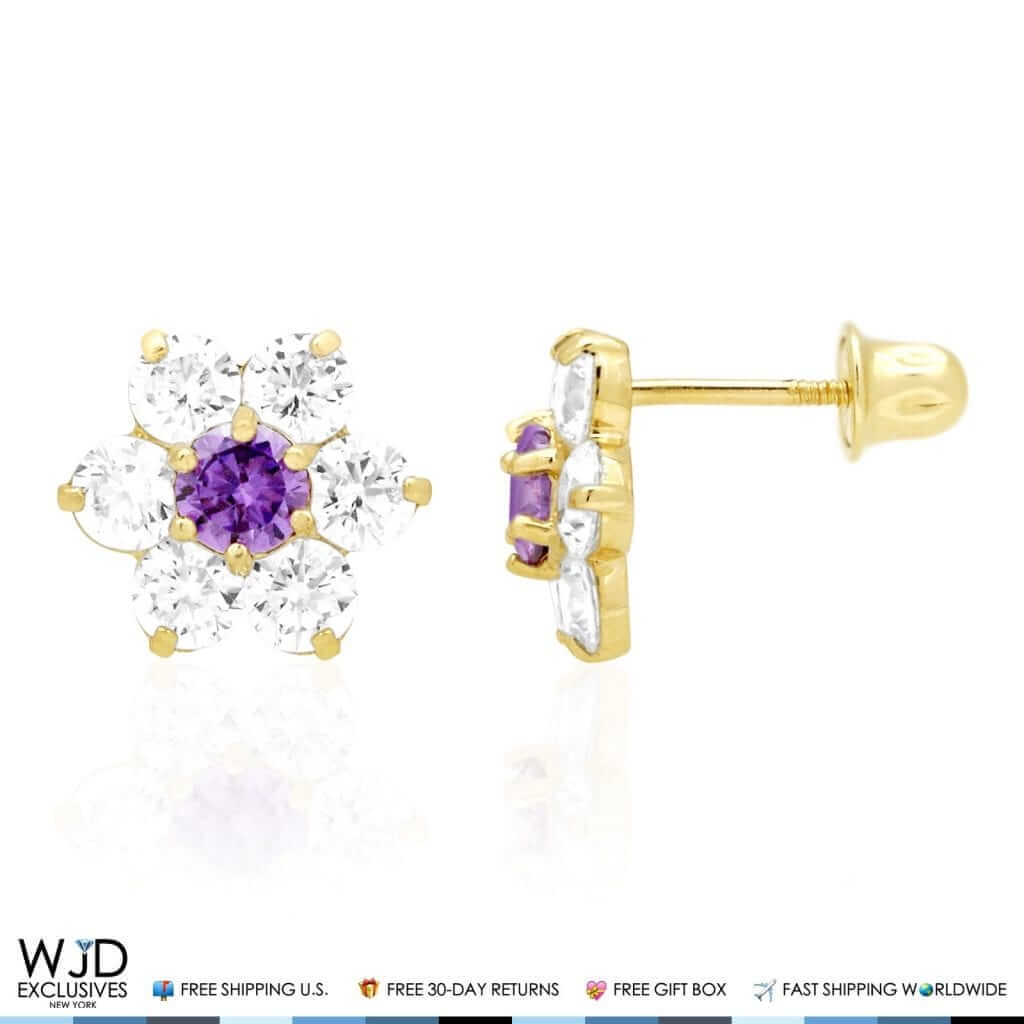 14k Yellow Gold 2Ct CZ & Birthstones Flower Stud Earrings 10mm