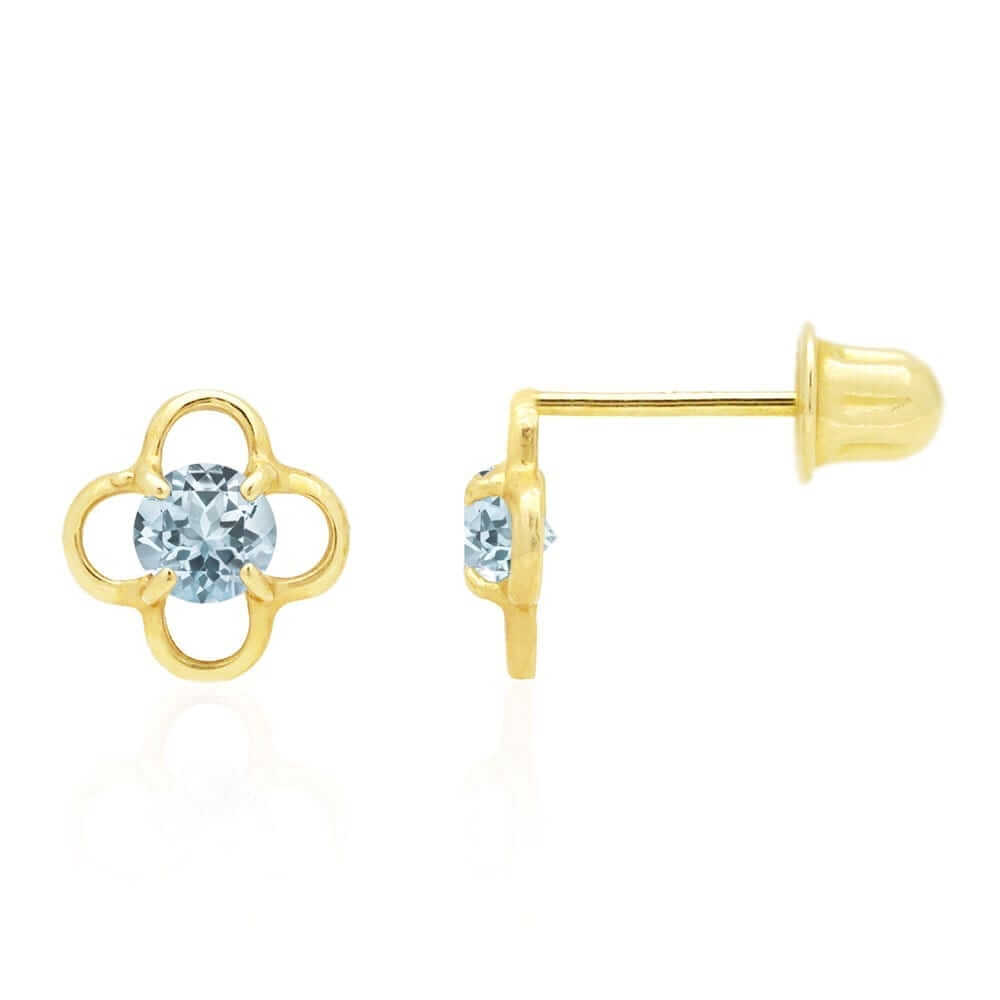 14k Yellow Gold Round Birthstone Quatrefoil Stud Screw Back Earrings