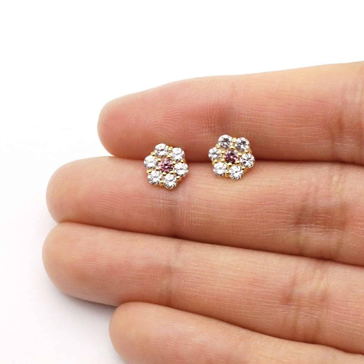14K Real Gold Yellow Birthstone Flower Cluster Screw Back Stud Earrings 8mm