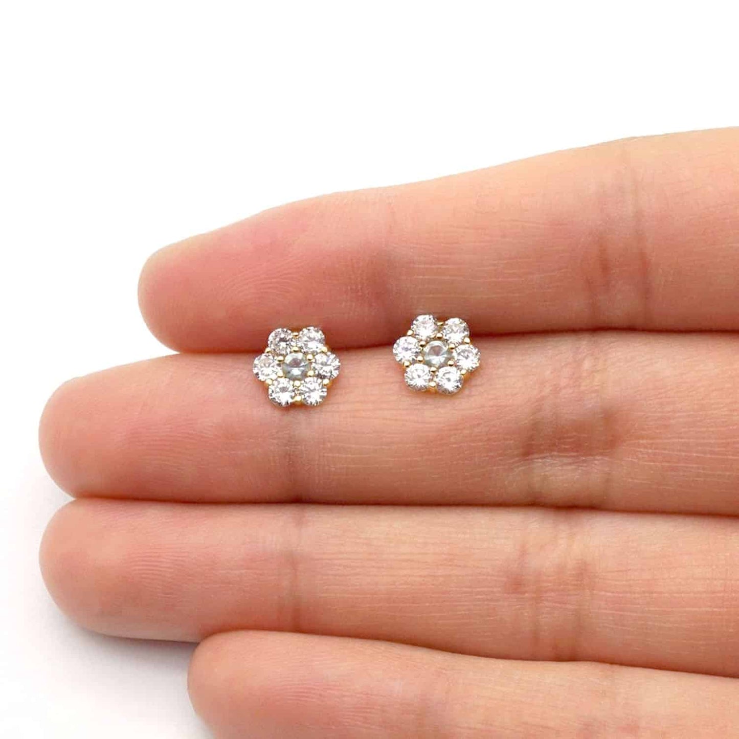 14K Real Gold Yellow Birthstone Flower Cluster Screw Back Stud Earrings 8mm