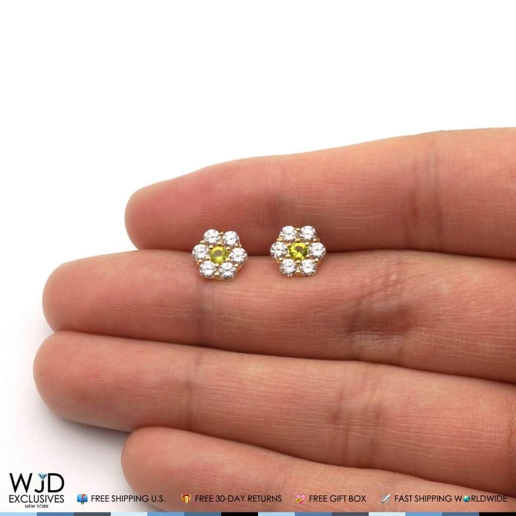 14k Gold CZ & Peridot Flower Cluster Screwback Stud Earrings