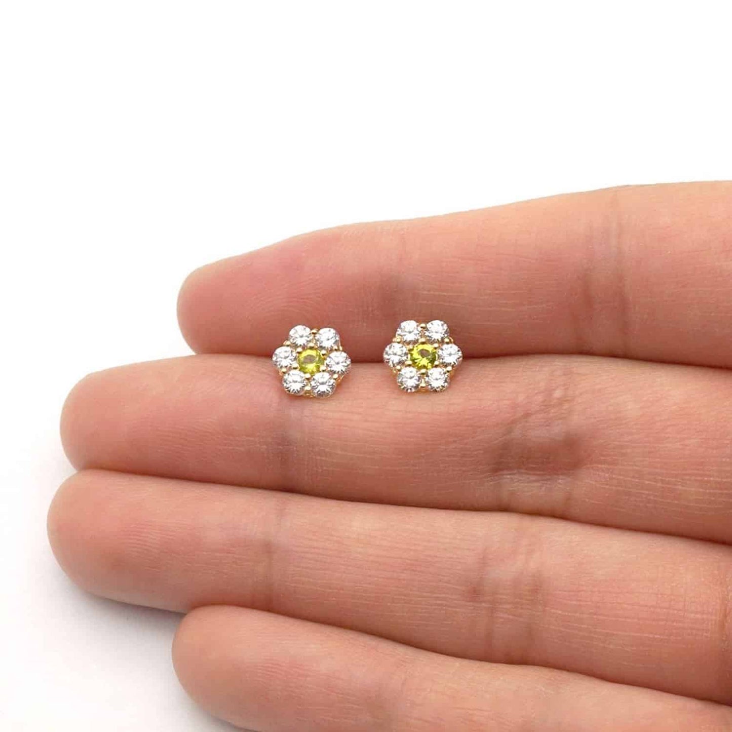 14K Real Gold Yellow Birthstone Flower Cluster Screw Back Stud Earrings 8mm