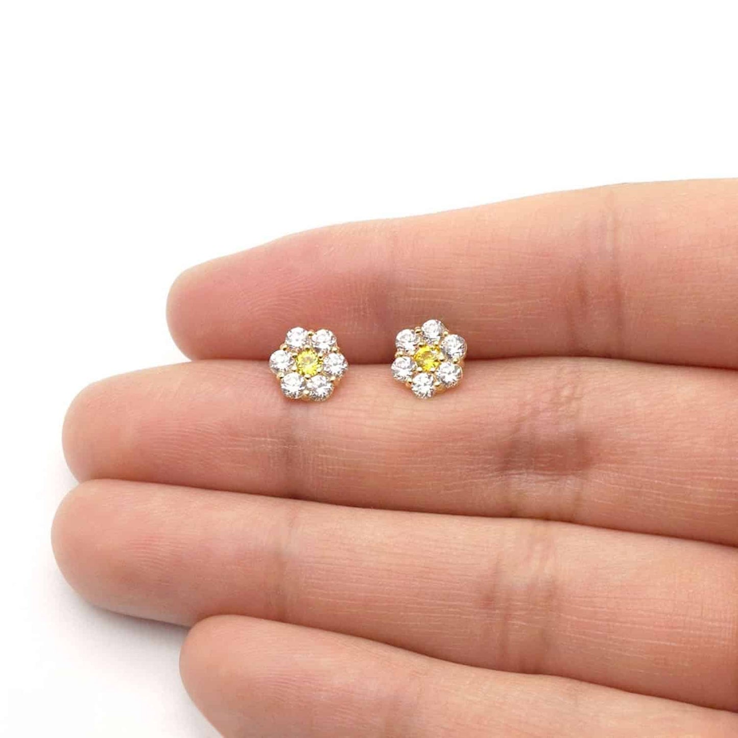 14K Real Gold Yellow Birthstone Flower Cluster Screw Back Stud Earrings 8mm