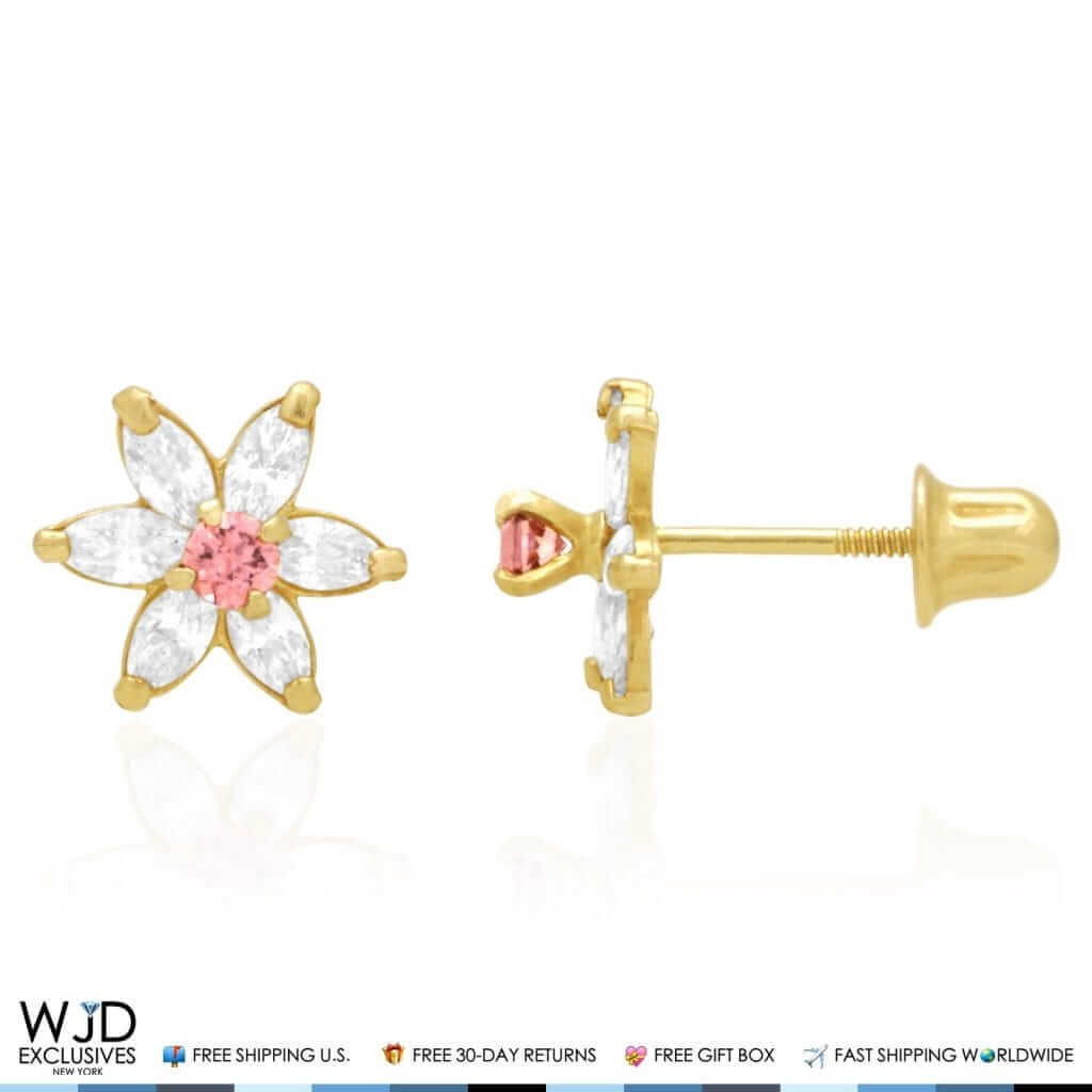 14k Gold Marquise CZ & Alexandrite Flower Screwback Earrings