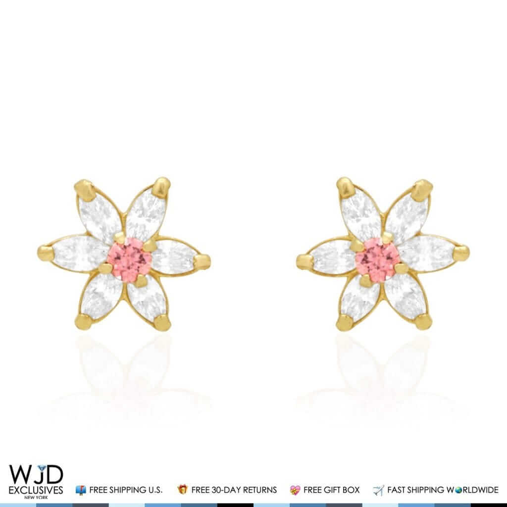 14k Gold Marquise CZ & Alexandrite Flower Screwback Earrings