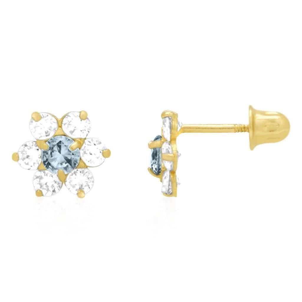 14k Yellow Gold 0.70Ct CZ & Birthstones Flower Stud Earrings 8mm