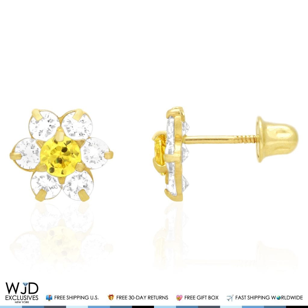 14k Yellow Gold 0.70Ct CZ & Birthstones Flower Stud Earrings 8mm