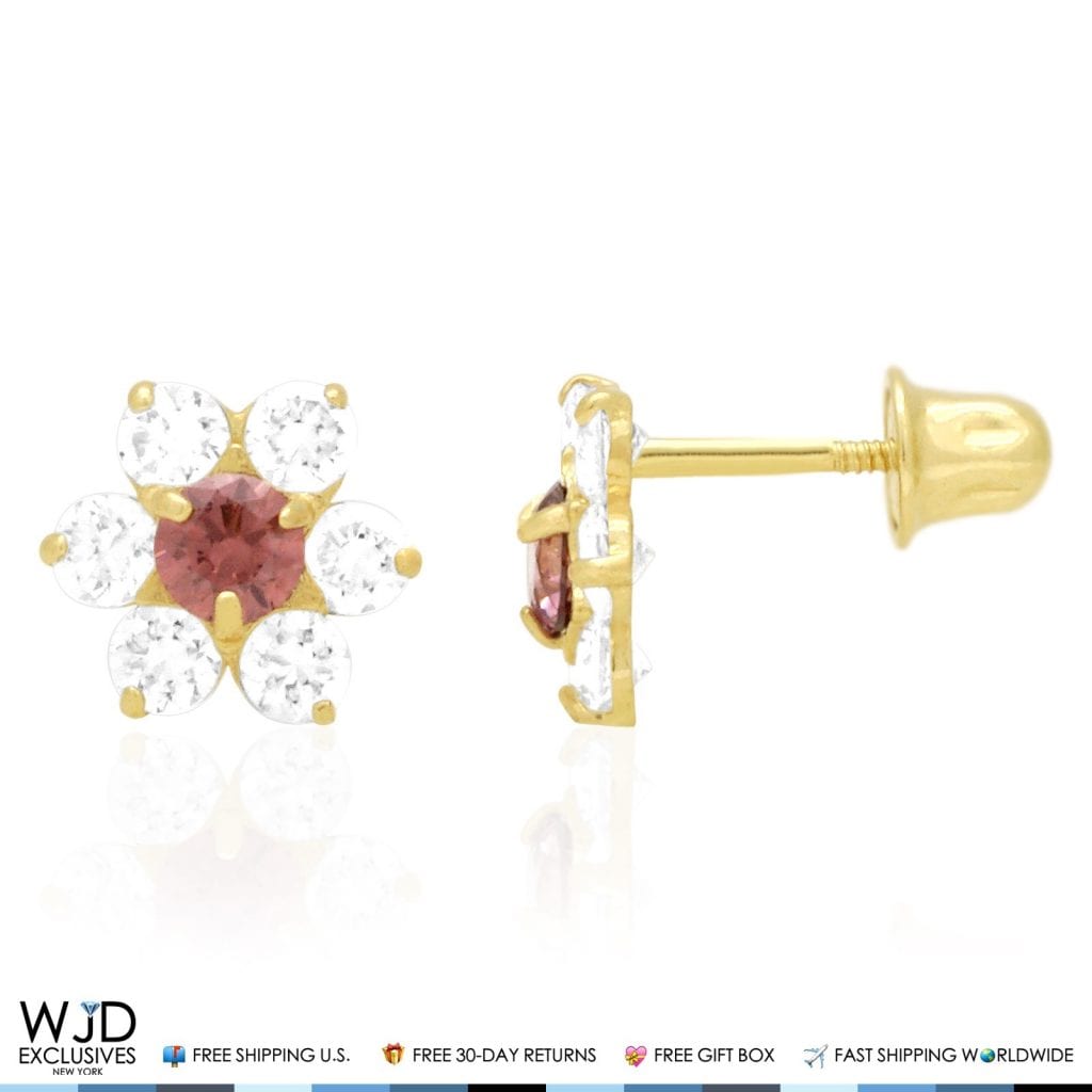 14k Yellow Gold 0.70Ct CZ & Birthstones Flower Stud Earrings 8mm
