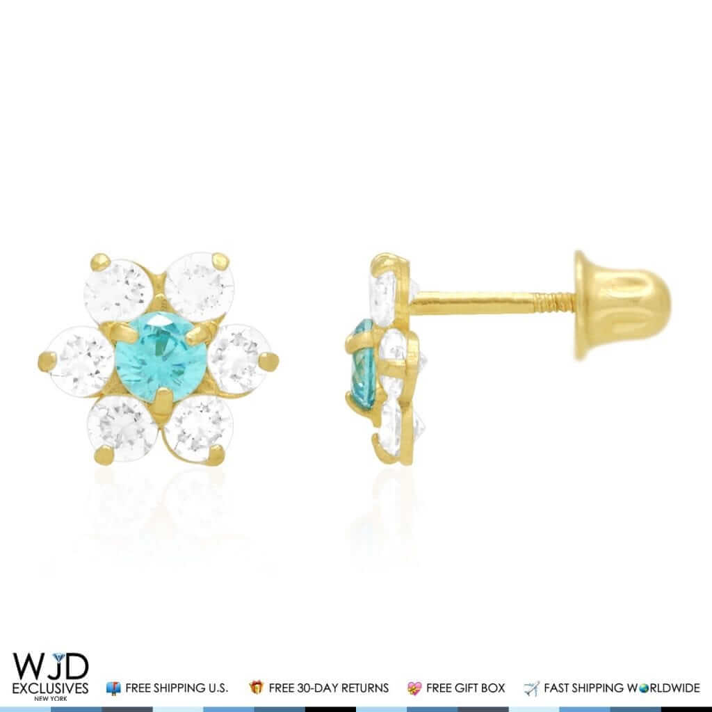 14k Yellow Gold 0.70Ct CZ & Birthstones Flower Stud Earrings 8mm