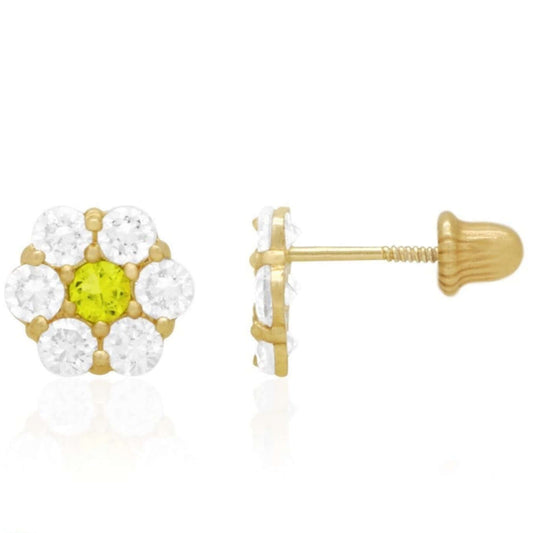 14k Gold CZ & Peridot Flower Cluster Screwback Stud Earrings