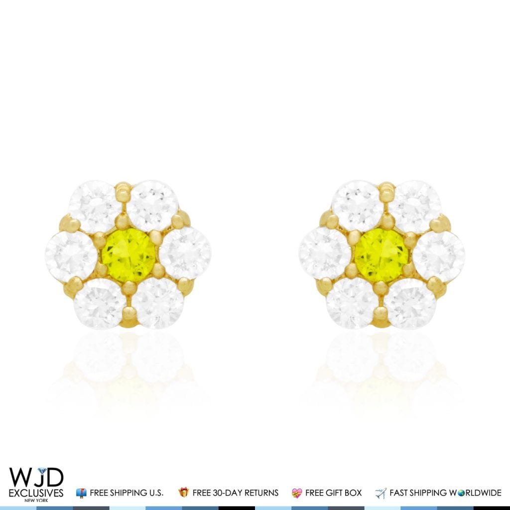 14k Gold CZ & Peridot Flower Cluster Screwback Stud Earrings