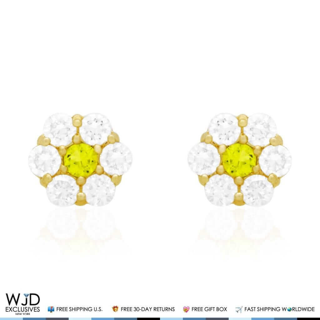 14k Gold CZ & Peridot Flower Cluster Screwback Stud Earrings