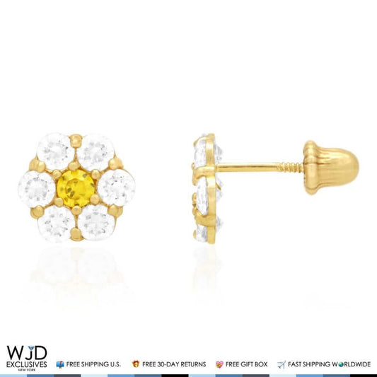 14k Gold CZ & Citrine Flower Cluster Screwback Stud Earrings
