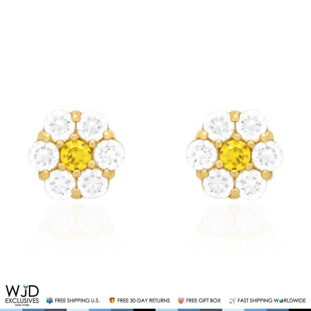 14k Gold CZ & Citrine Flower Cluster Screwback Stud Earrings