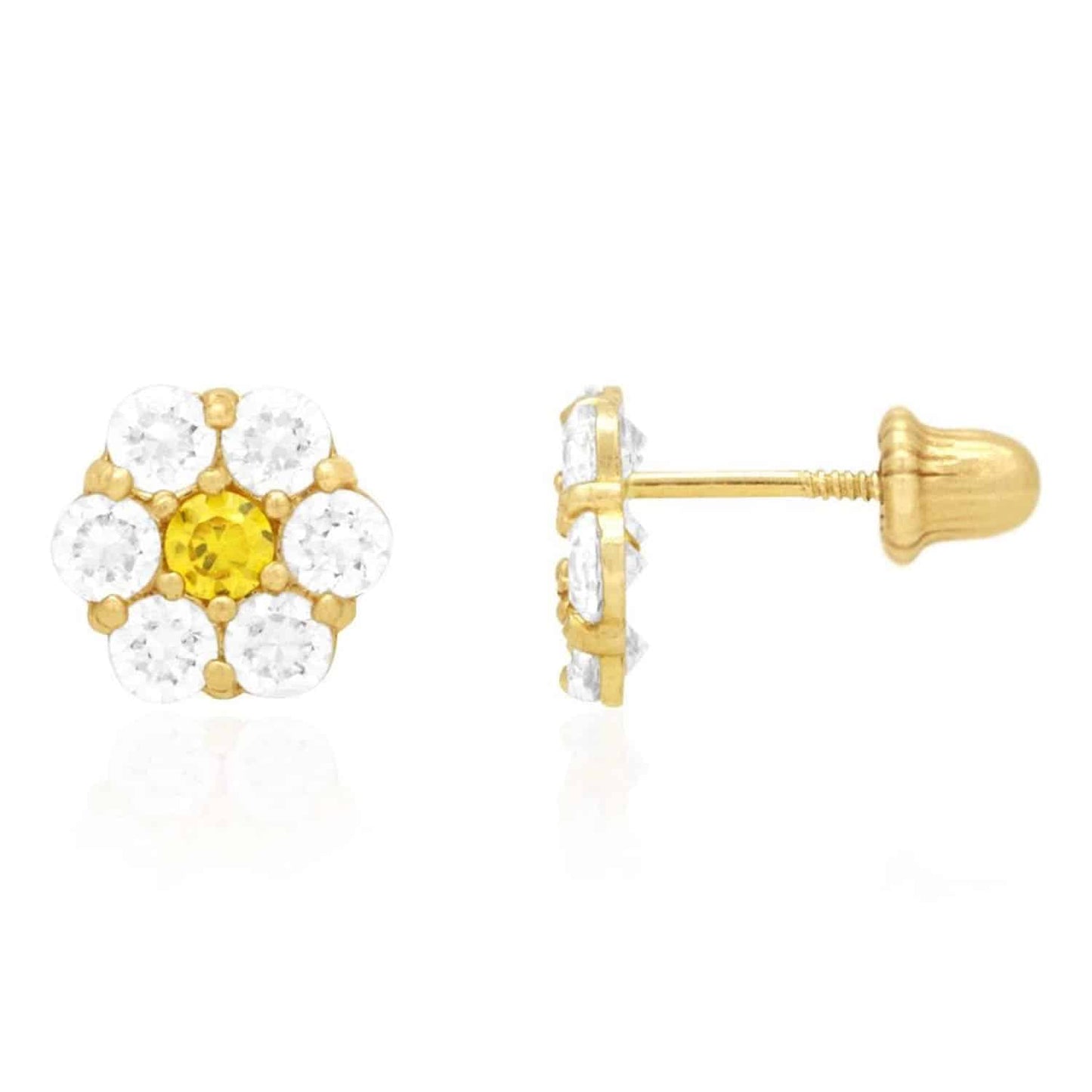 14K Real Gold Yellow Birthstone Flower Cluster Screw Back Stud Earrings 8mm