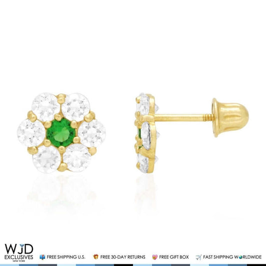 14k Gold CZ And Emerald Flower Cluster Screwback Stud Earrings