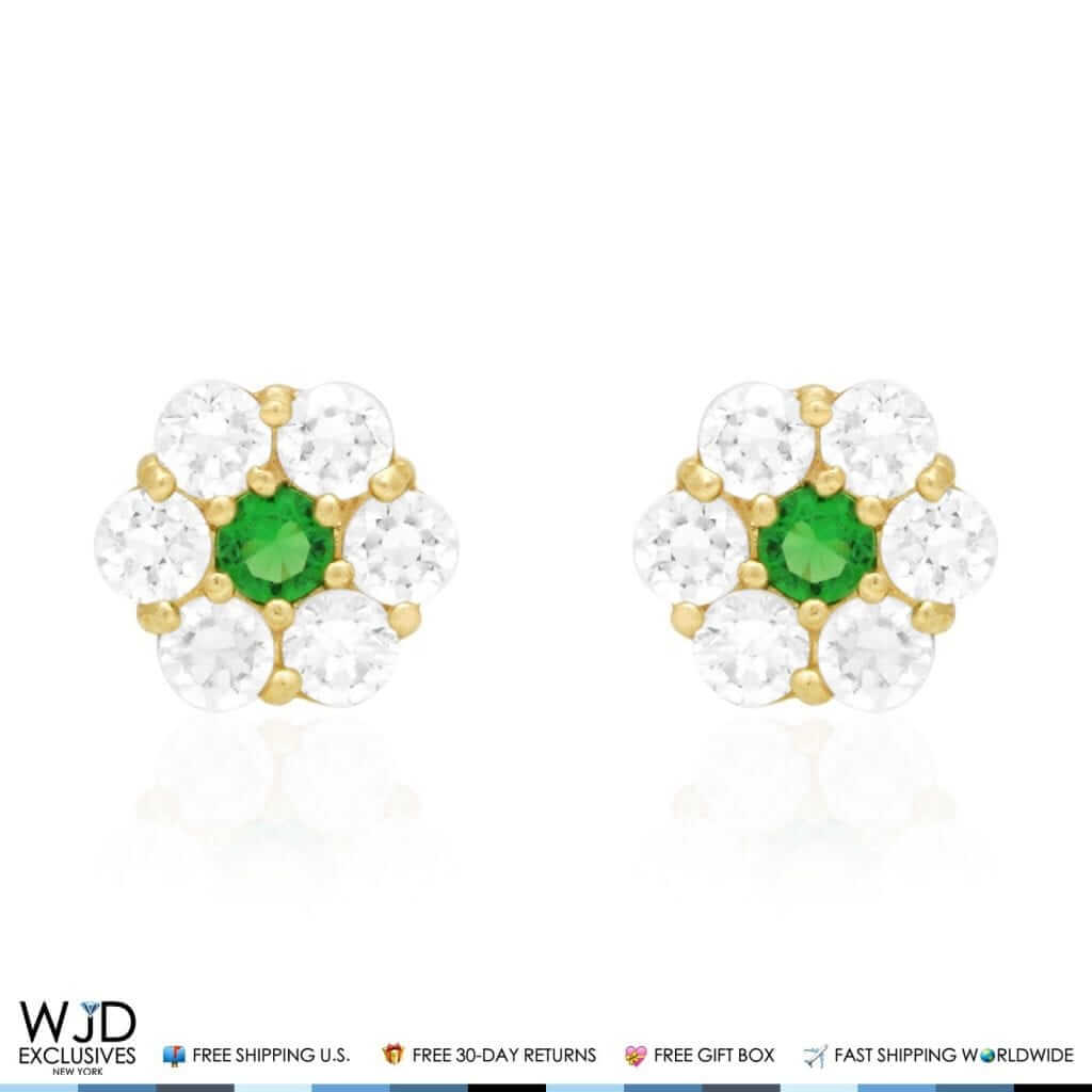 14k Gold CZ And Emerald Flower Cluster Screwback Stud Earrings