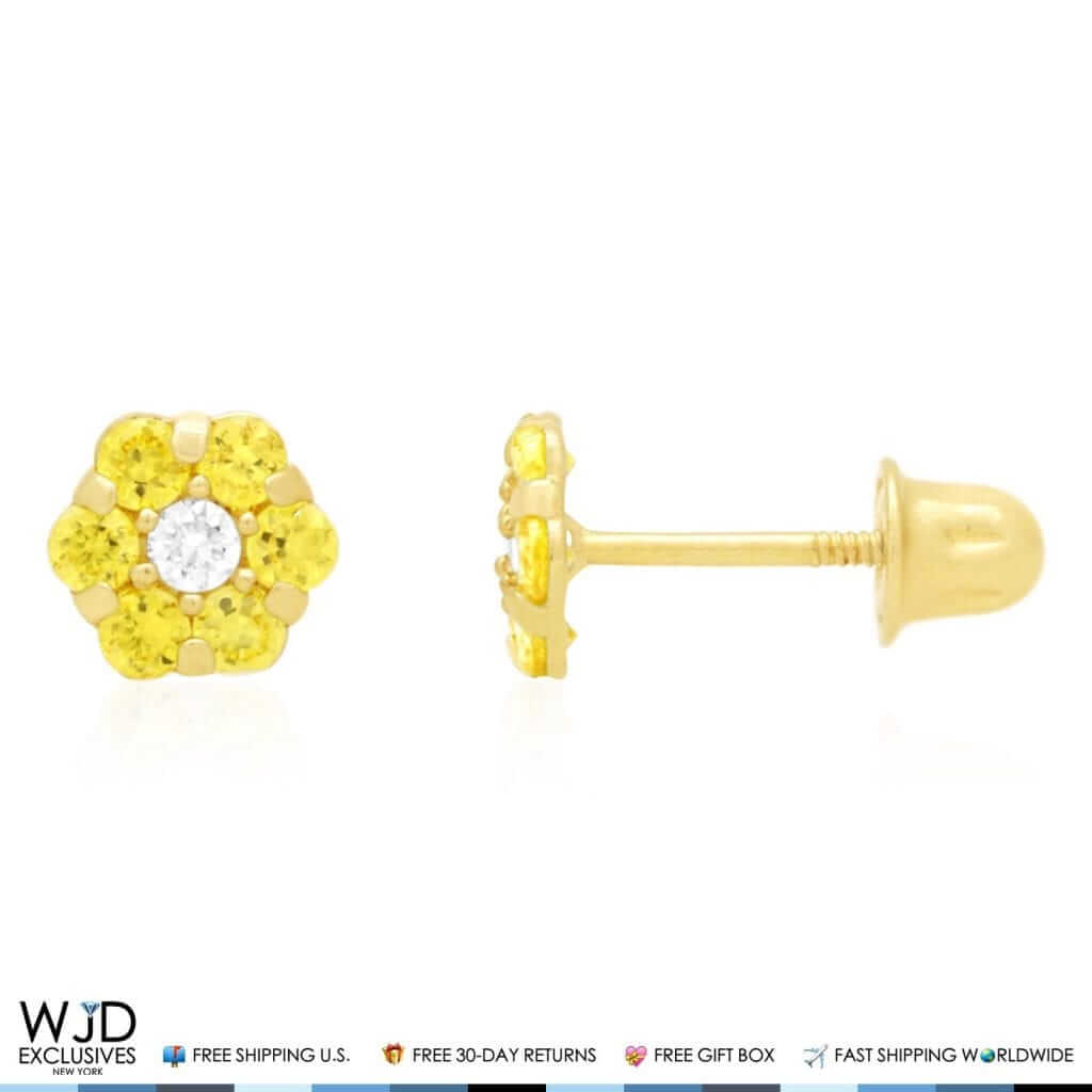 14K Gold Yellow Birthstones Flower Screw Back Stud Earrings 5mm