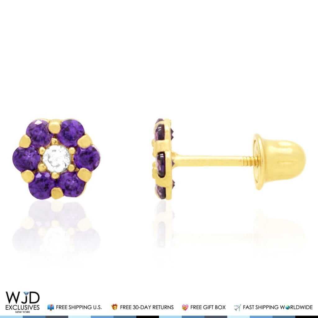 14K Gold Yellow Birthstones Flower Screw Back Stud Earrings 5mm