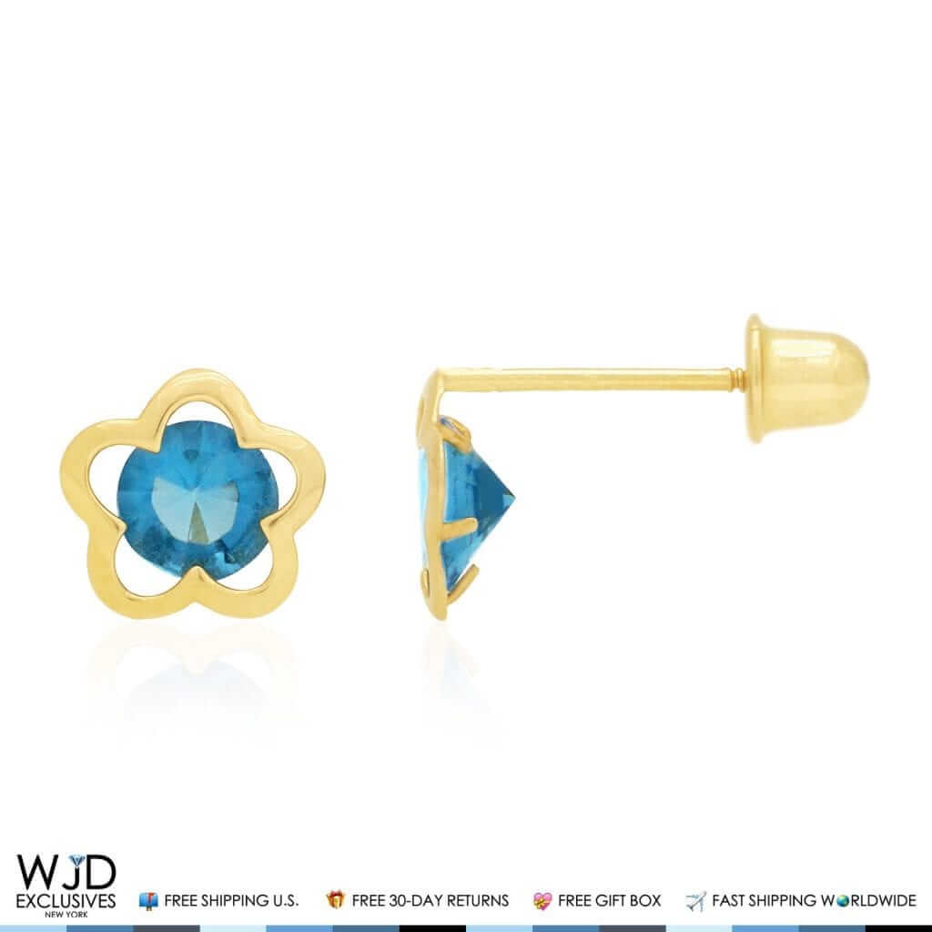 14k Yellow Gold Solitaire Birthstone Flower Screw Back Stud Earrings