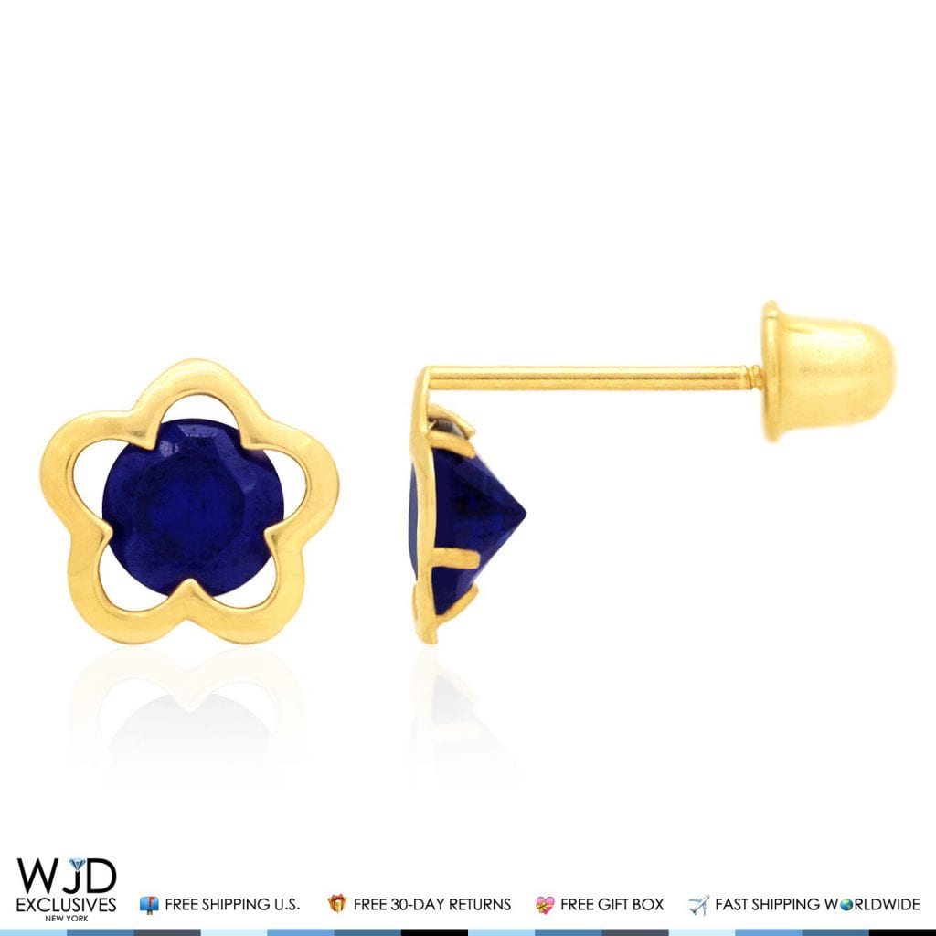 14k Yellow Gold Solitaire Simulated Birthstone Flower Screw Back Stud Earrings