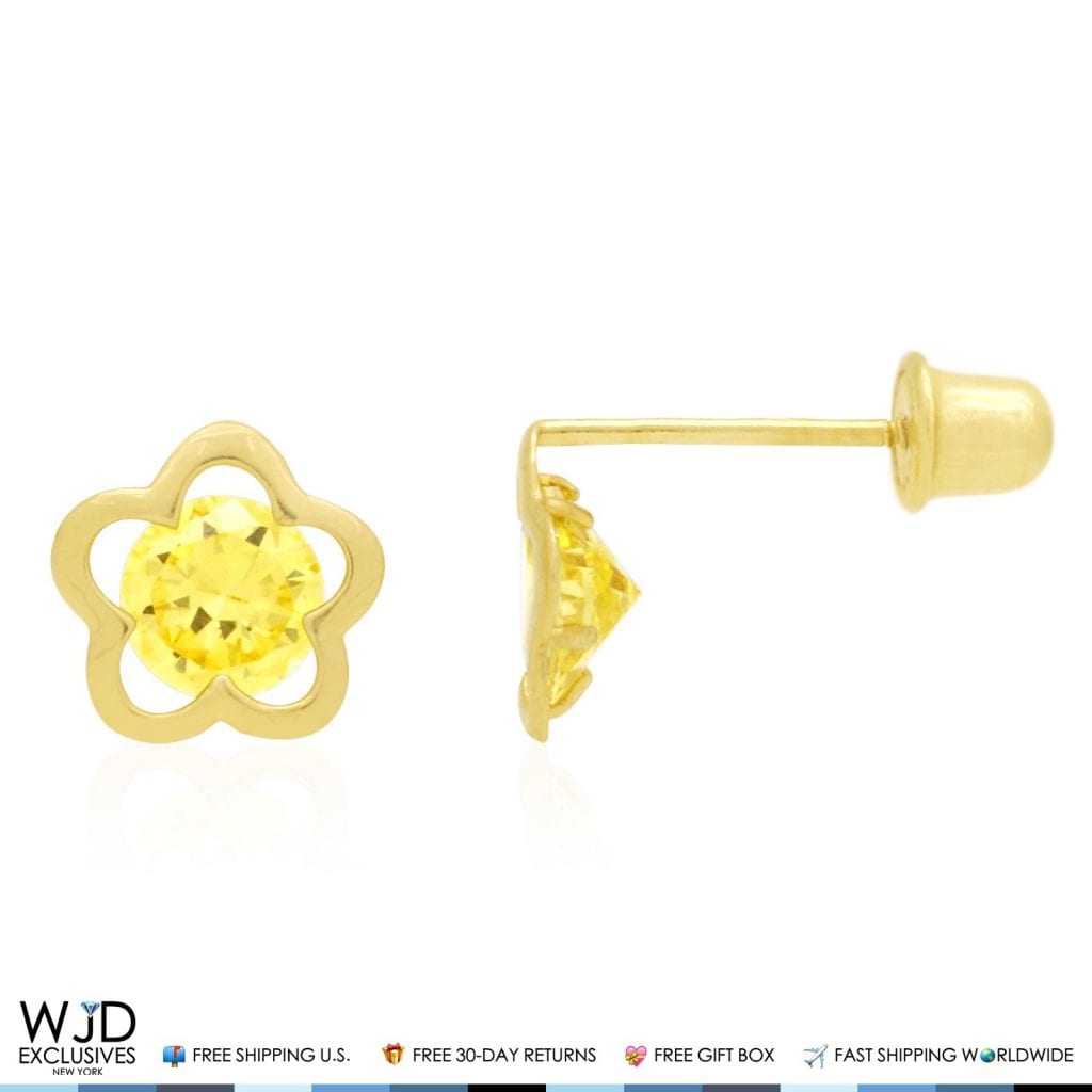 14k Yellow Gold Solitaire Simulated Birthstone Flower Screw Back Stud Earrings