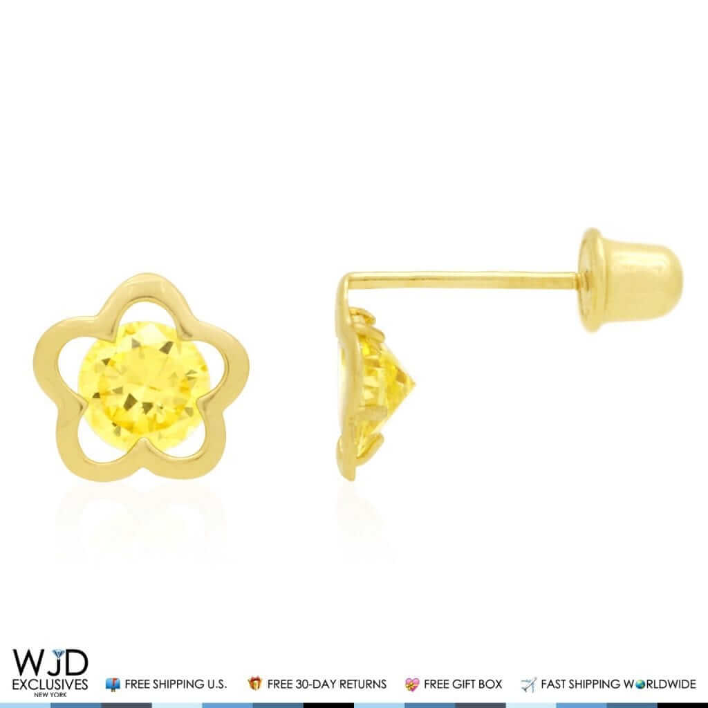 14k Yellow Gold Solitaire Birthstone Flower Screw Back Stud Earrings