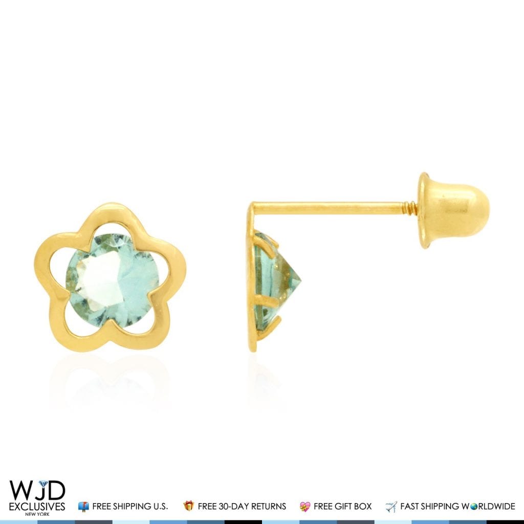 14k Yellow Gold Solitaire Simulated Birthstone Flower Screw Back Stud Earrings