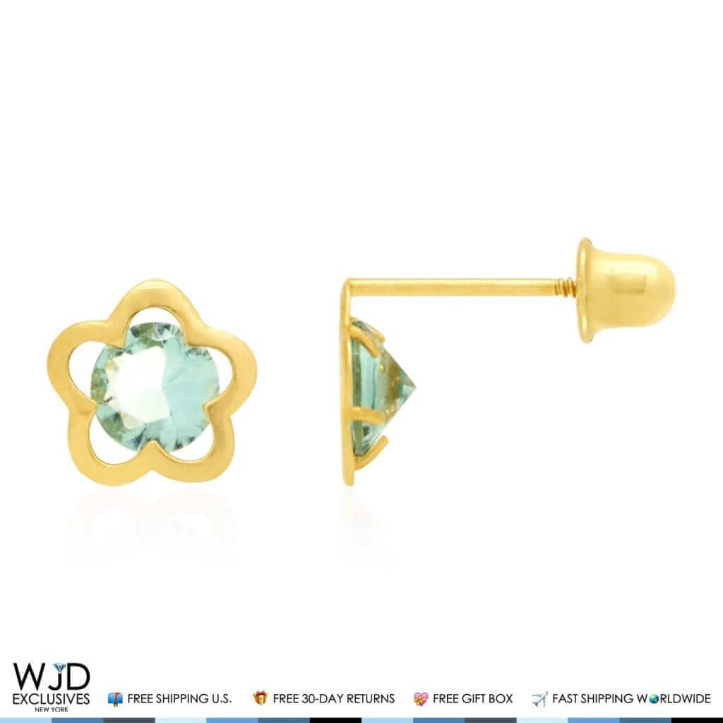 14k Yellow Gold Solitaire Birthstone Flower Screw Back Stud Earrings