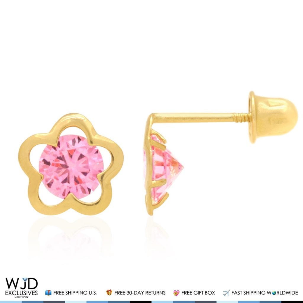 14k Yellow Gold Solitaire Simulated Birthstone Flower Screw Back Stud Earrings