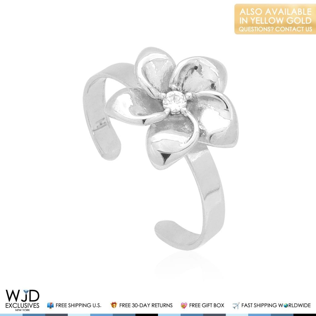 14k Gold Yellow White Round Cut 0.05Ct CZ Flower Fancy Toe Ring