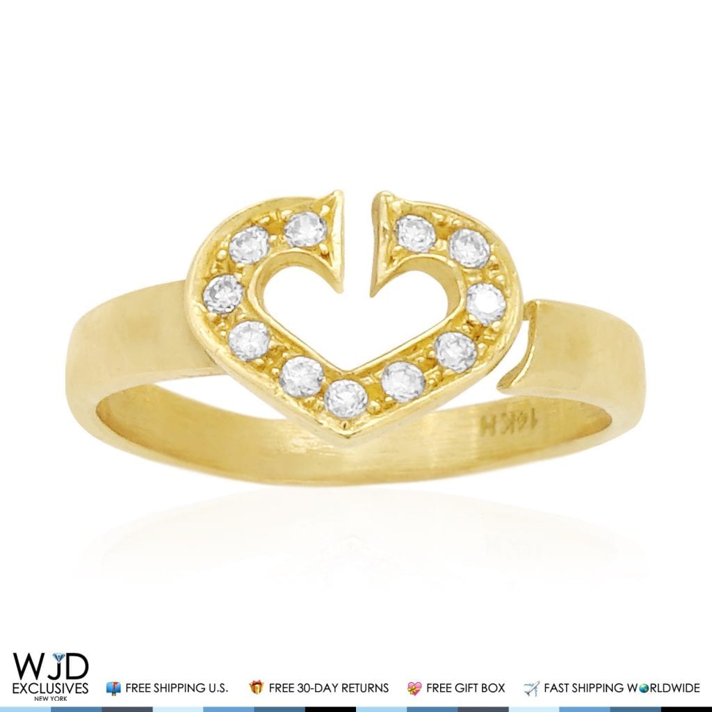 14k Gold Yellow White Pave CZ Open Heart Midi Knuckle Ring 0.25Ct