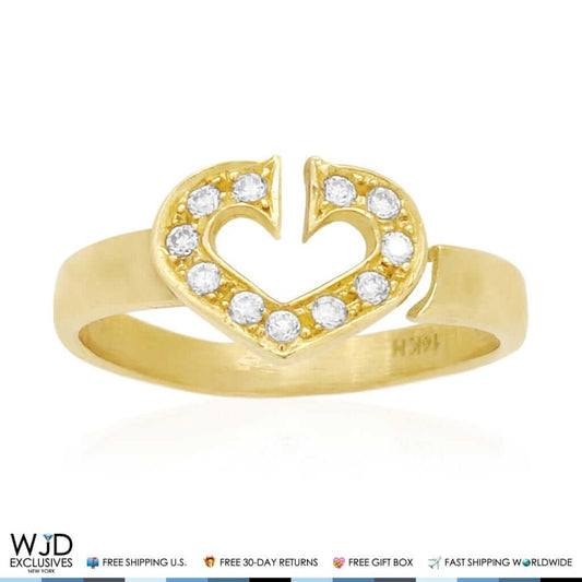 14K Yellow Gold White Pave CZ Open Heart Midi Knuckle Ring 0.25Ct
