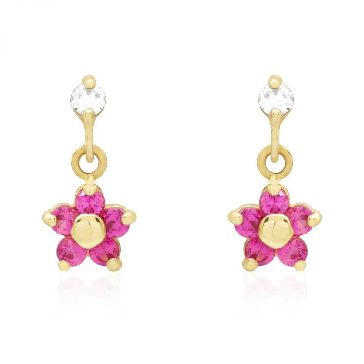 Kids 14K Yellow White Gold Ruby Flower Screw Back Earrings