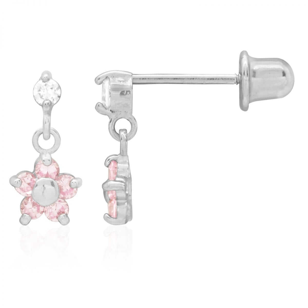 Kids 14K Yellow White Gold Pink Tourmaline Flower Dangle Earrings
