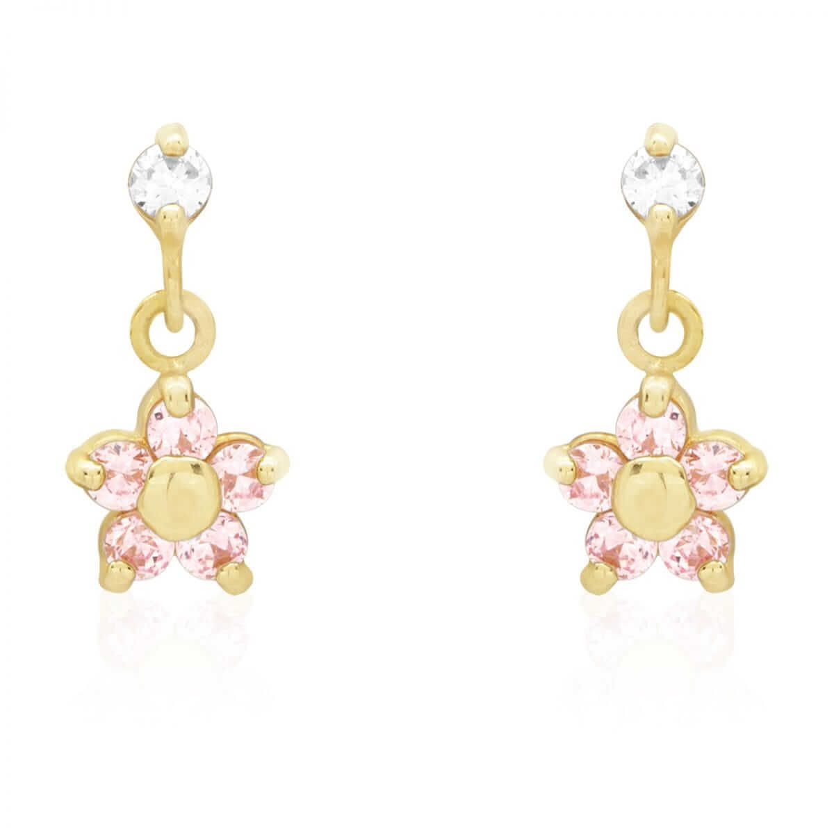 Kids 14K Yellow White Gold Pink Tourmaline Flower Dangle Earrings