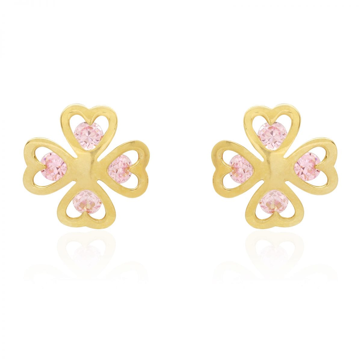 14k Yellow Gold Simulated Pink Tourmaline Lucky Clover Screwback Stud Earrings