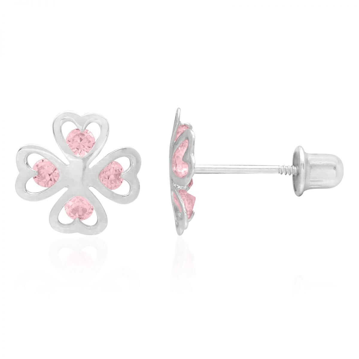 14k White Gold Lucky Charm Pink Tourmaline Clover Baby Screwback Stud Earrings