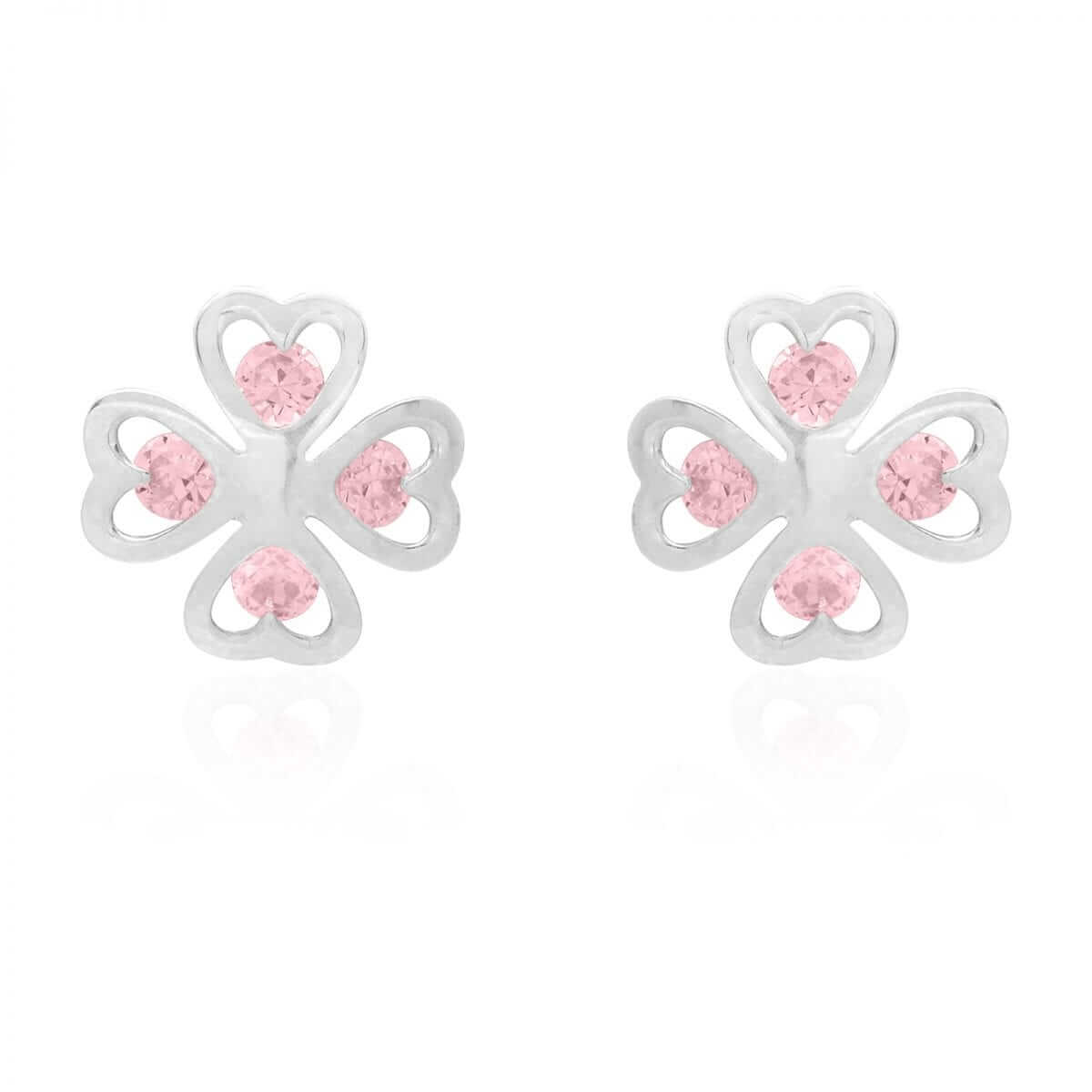 14k White Gold Lucky Charm Pink Tourmaline Clover Baby Screwback Stud Earrings