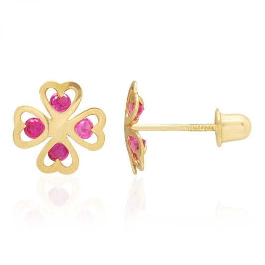 Round Ruby Four Leaf Clover 14k Yellow Gold Lucky Charm Screwback Stud Earrings